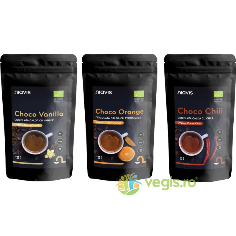Pachet Ciocolata Calda: Choco Vanilla Mix  + Choco Orange Mix + Choco Chili Mix Ecologica/Bio 3 x 125g NIAVIS — preț și oferte