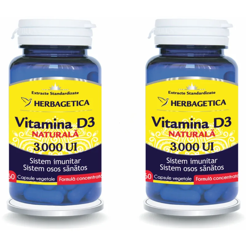 Pachet Vitamina D3 Naturala 3000UI 60cps + 60cps (50% reducere la al doilea produs) HERBAGETICA — preț și oferte