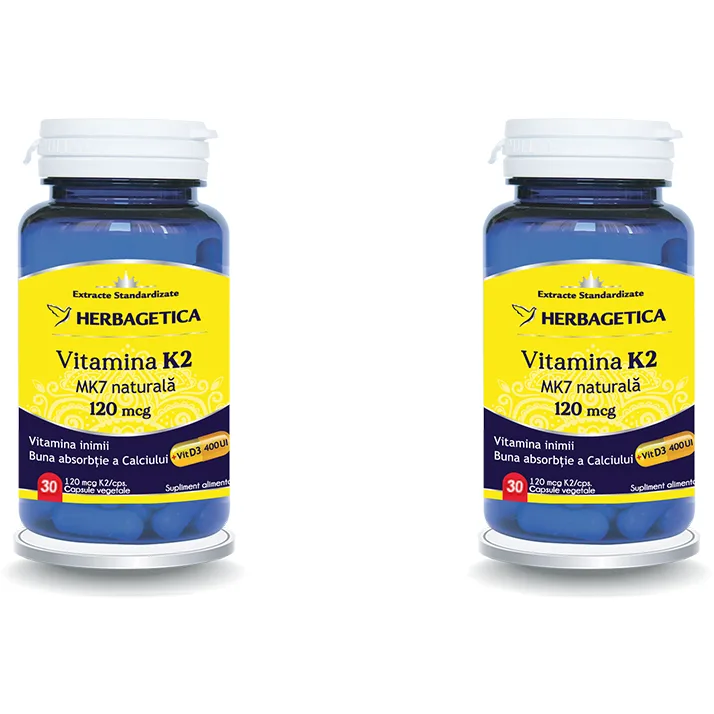 Pachet Vitamina K2 MK7 Naturala 120mcg 30cps + 30cps (50% reducere la al doilea produs) HERBAGETICA — preț și oferte