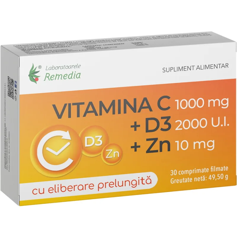 Vitamina C 1000mg + Zinc 10mg + D3 2000UI 30cpr cu eliberare prelungita REMEDIA — preț și oferte