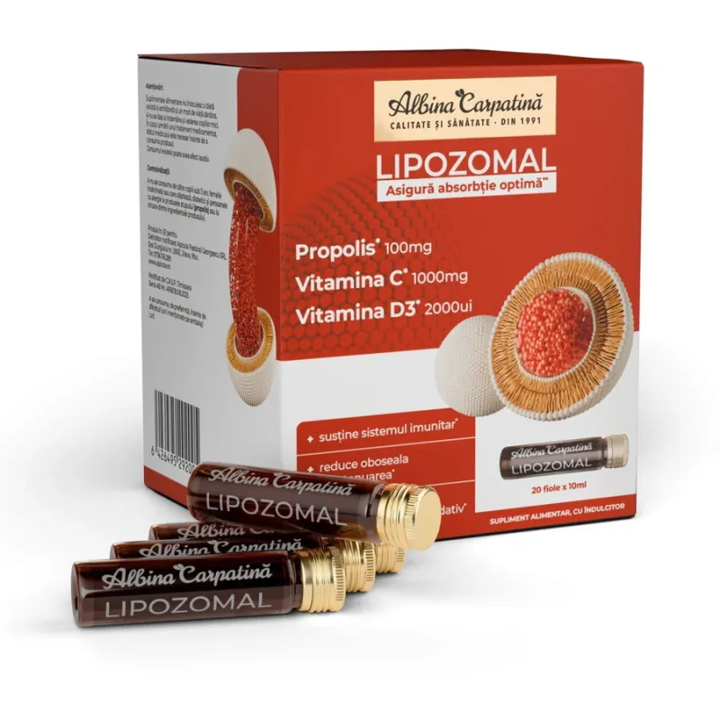 Lipozomal Propolis 100mg, Vitamina C 1000mg, Vitamina D3 2000UI 20 fiole Albina Carpatina — preț și oferte