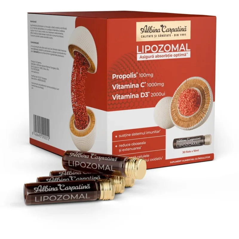 Lipozomal Propolis 100mg, Vitamina C 1000mg, Vitamina D3 2000UI 30 fiole Albina Carpatina — preț și oferte