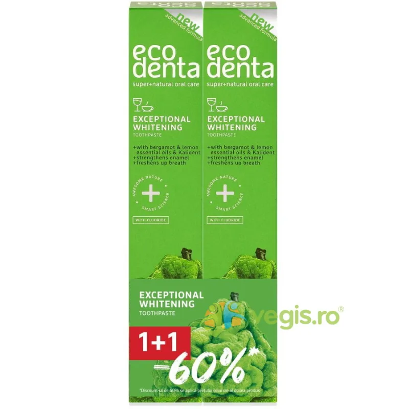 Pachet Pasta de Dinti pentru Albire cu Bergamota, Uleiuri de Lamaie si Kalident 2x75ml ECODENTA — preț și oferte