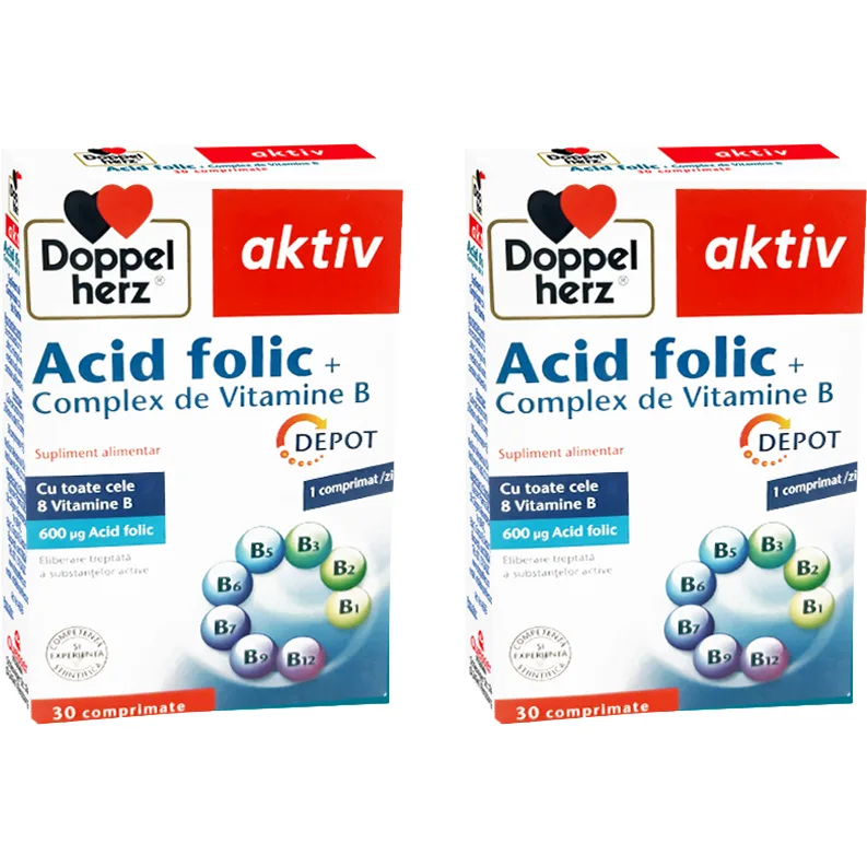 Pachet Acid Folic + Complex Vitamina B Depot Aktiv 30tb + 30tb DOPPELHERZ — preț și oferte