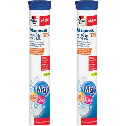Pachet Magneziu 375mg + Vitaminele B1, B6, B12 + Acid Folic Aktiv 15cpr + 15cpr efervescente DOPPELHERZ — preț și oferte
