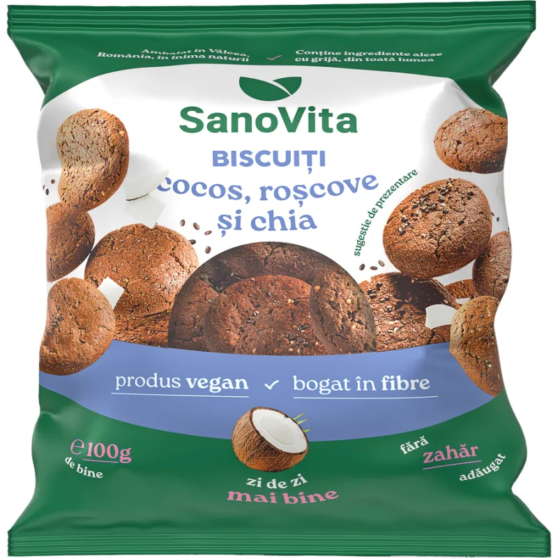 Biscuiti cu Cocos, Roscove si Chia fara Zahar Adaugat 100g SANOVITA — preț și oferte