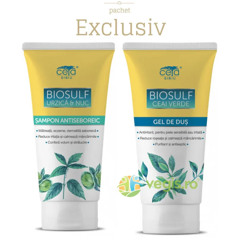 Pachet Sampon Biosulf cu Urzica si Nuc 200ml + Gel de Dus Biosulf cu Ceai Verde 200ml Ceta Sibiu — preț și oferte