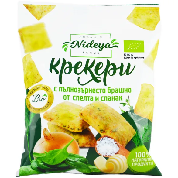 Crackers cu Faina Integrala de Spelta si Spanac Ecologici/Bio 50g NIDEYA — preț și oferte