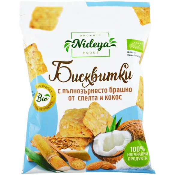 Cookies cu Faina Integrala de Spelta si Cocos Ecologici/Bio 50g NIDEYA — preț și oferte