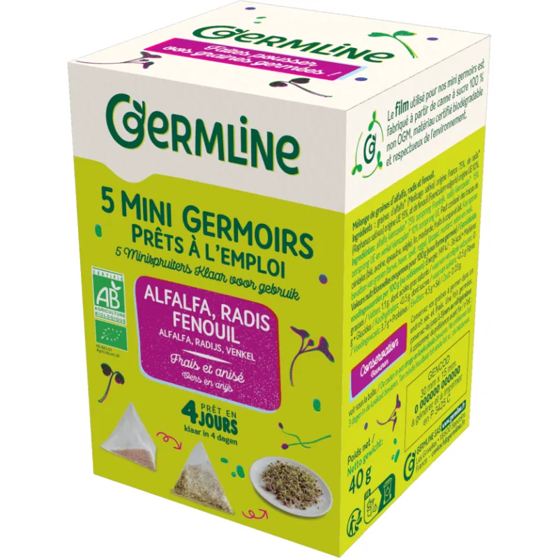 Mini Germinatoare cu Seminte de Alfalfa, Ridice si Fenicul Ecologice/Bio 5buc x 8g GERMLINE — preț și oferte