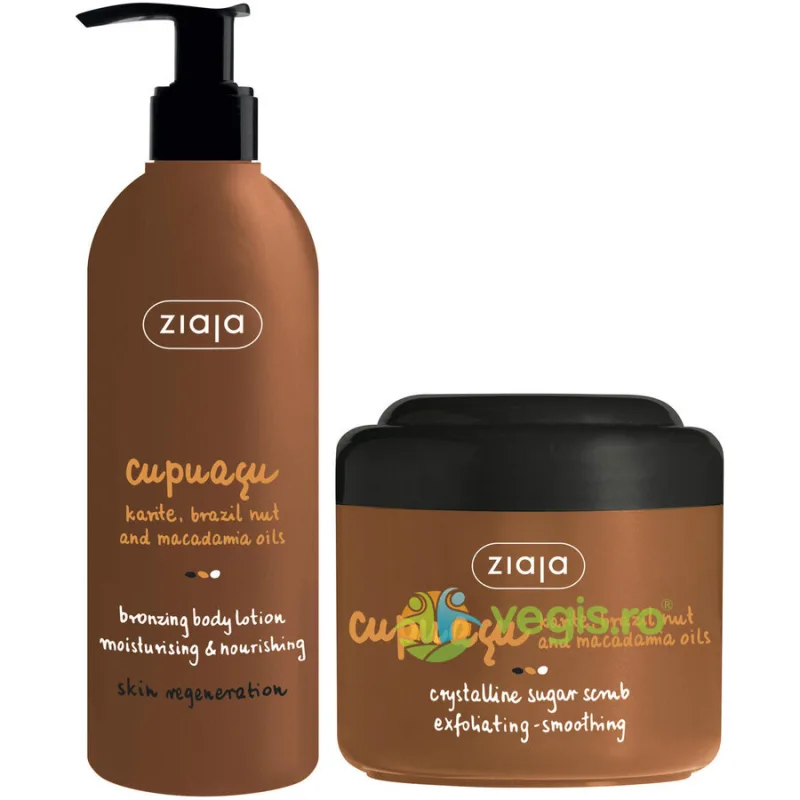 Pachet Lotiune de Corp Autobronzanta Cupuacu 300ml + Scrub Exfoliant de Corp cu Zahar Cristalin Cupuacu 200g ZIAJA — preț și oferte