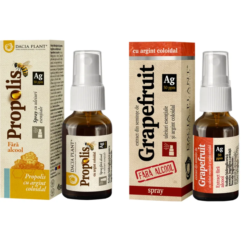 Pachet Propolis cu Argint Coloidal fara Alcool Spray 20ml + Grapefruit cu Argint Coloidal fara Alcool Spray 20ml DACIA PLANT — preț și oferte