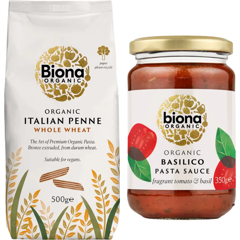 Pachet Penne Integrale din Grau Dur Ecologice/Bio 500g + Sos de Rosii cu Busuioc pentru Paste Ecologic/Bio 350g BIONA — preț și oferte