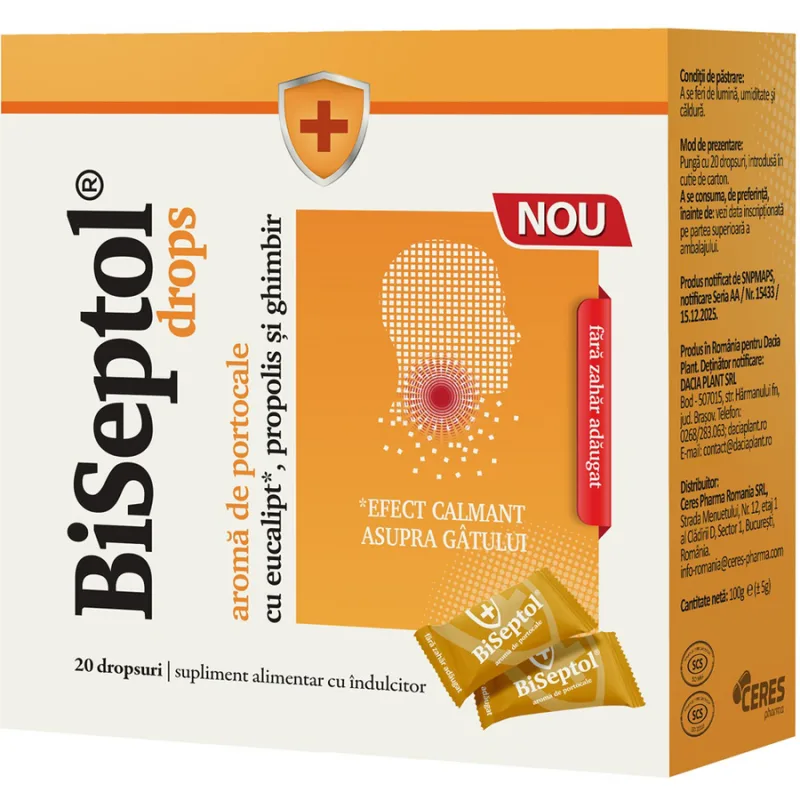 Biseptol Dropsuri cu Aroma de Portocale 100g DACIA PLANT — preț și oferte