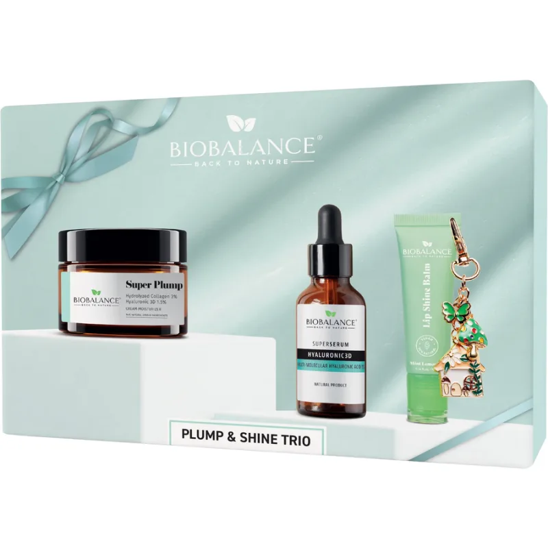 Set Trio Plump&Shine Crema Super Plump 50ml + Super Serum Hyaluronic 3D 30ml + Balsam de Buze Mint Lemonade 10ml BIO BALANCE — preț și oferte