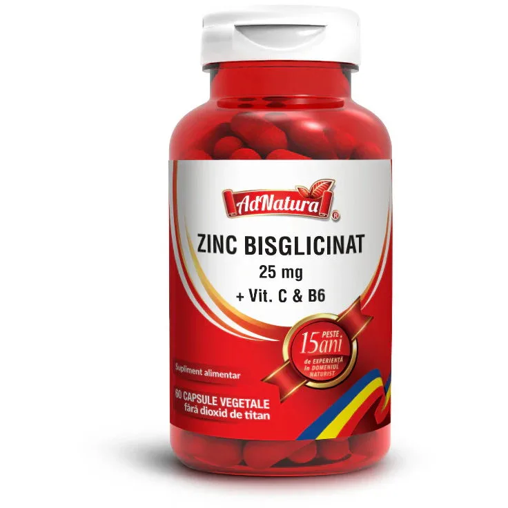Zinc Bisglicinat 25mg cu Vitamina C si B6 60cps ADNATURA — preț și oferte