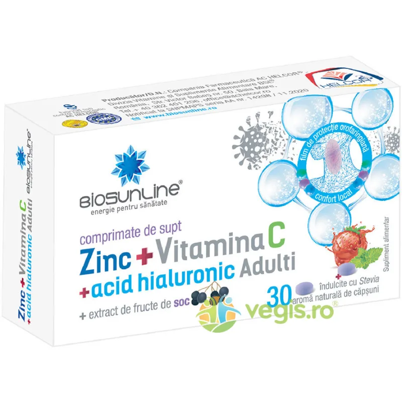 Zinc + Vitamina C si Acid Hialuronic pentru Adulti 30cpr BIOSUNLINE — preț și oferte