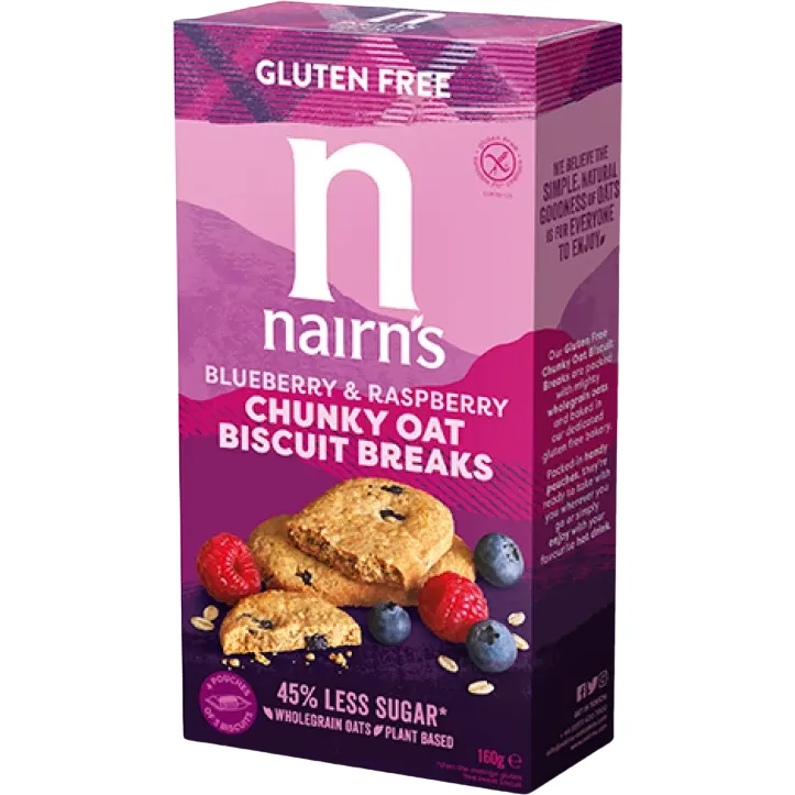 Biscuiti Pufosi din Ovaz Integral cu Afine si Zmeura fara Gluten 160g NAIRNS — preț și oferte