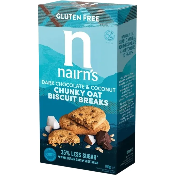 Biscuiti Pufosi din Ovaz Integral cu Bucatele de Ciocolata si Cocos fara Gluten 160g NAIRNS — preț și oferte