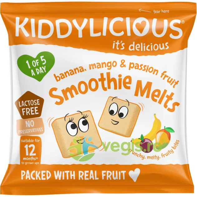Delicii din Piure de Fructe (Banane, Mango si Fructul Pasiunii) pentru Copii +12 Luni fara Lactoza 6g KIDDYLICIOUS — preț și oferte