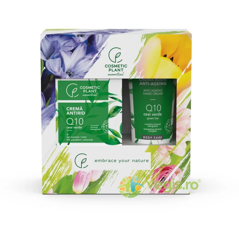 Set Essential cu Extract de Ceai Verde (Crema Antirid de Zi Q10 50ml + Crema de Maini Q10 100ml) COSMETIC PLANT — preț și oferte