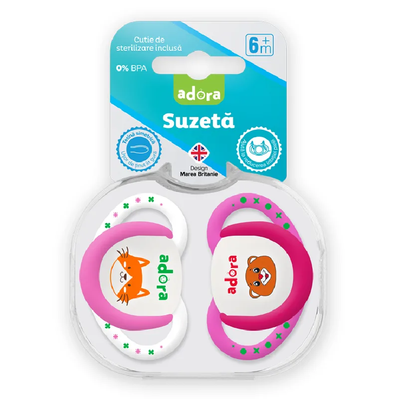 Suzeta din silicon, cu cutie de sterilizare, 6-18 luni, design fata, 2 bucati, Adora — preț și oferte