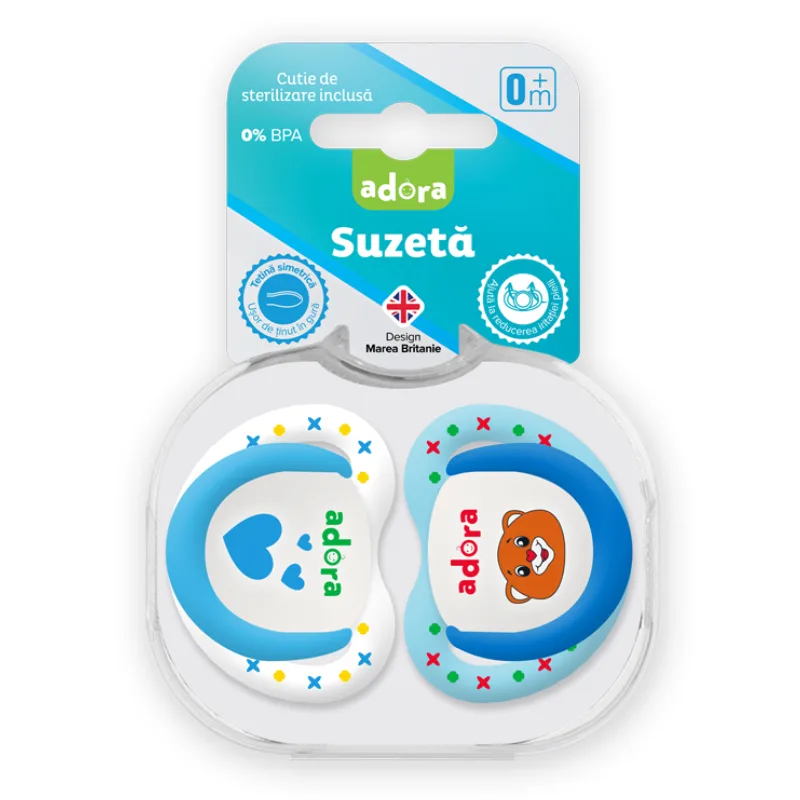 Suzeta din silicon, cu cutie de sterilizare, 0-6 luni, design baiat, 2 bucati, Adora — preț și oferte