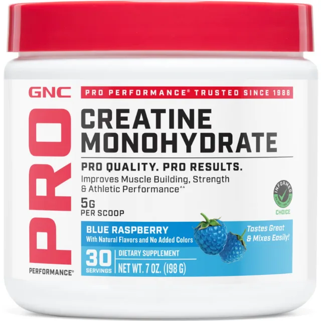 Creatina Monohidrata cu Aroma de Zmeura Albastra pentru Sustinerea Musculaturii si a Functiei Cognitive Pro Performance 198g GNC — preț și oferte
