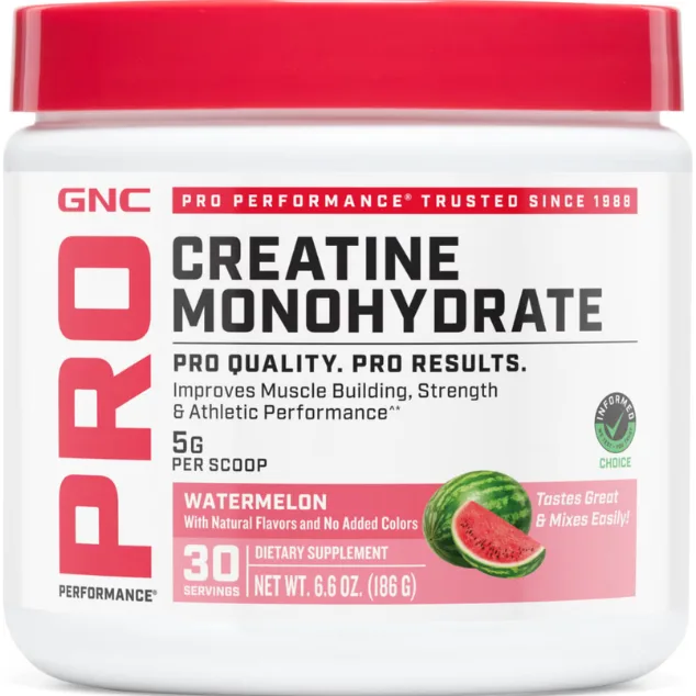 Creatina Monohidrata cu Aroma de Pepene Rosu pentru Sustinerea Musculaturii si a Functiei Cognitive Pro Performance 186g GNC — preț și oferte