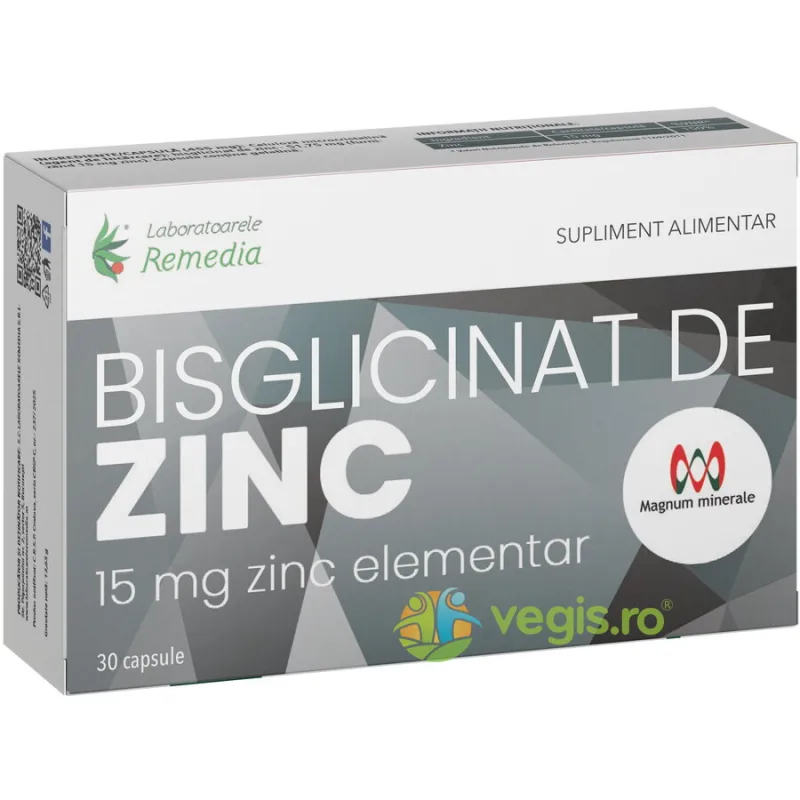Bisglicinat de Zinc 15mg Zinc Elementar 30cps REMEDIA — preț și oferte