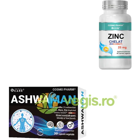 Pachet Ashwaman 30cps vegetale + Zinc Chelat (Bisglicinat) 25mg 60cps vegetale COSMO PHARM — preț și oferte