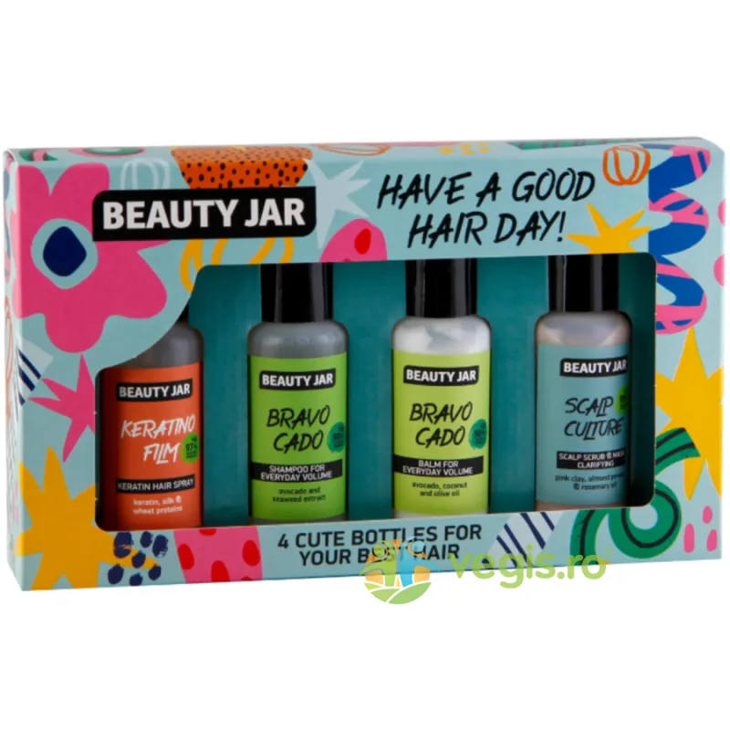 Set Travel Size pentru Par Have a Good Hair Day Sampon 80ml + Balsam 80ml + Spray de Protectie 80ml + Scrub pentru Scalp 80ml BEAUTY JAR — preț și oferte