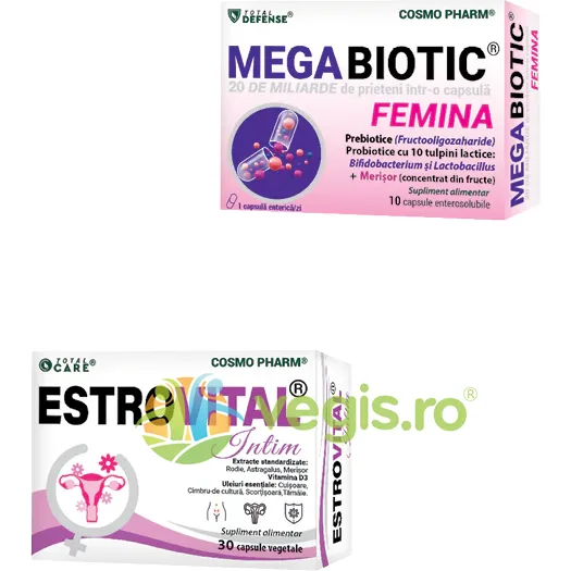 Pachet Estrovital Intim 30cps vegetale + Mega Biotic Femina 10cps enterosolubile COSMO PHARM — preț și oferte