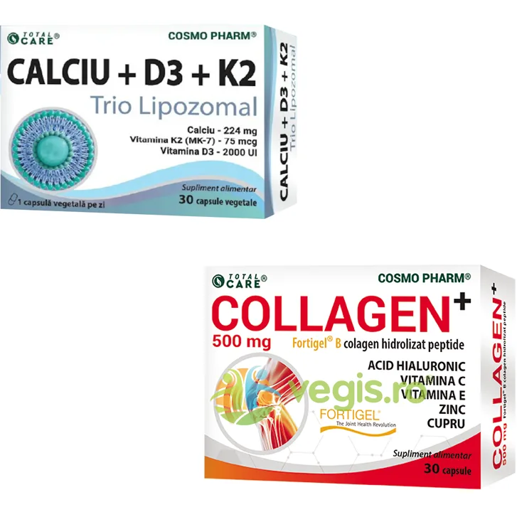 Pachet Calciu+D3+K2 Trio Lipozomal 30cps + Colagen Hidrolizat Peptide (Collagen+Fortigel ® B) 500mg 30cps COSMO PHARM — preț și oferte