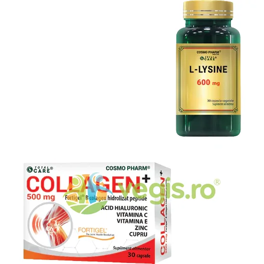Pachet Colagen Hidrolizat Peptide (Collagen+Fortigel ® B) 500mg 30cps + L-Lysine 600mg 30cps vegetale COSMO PHARM — preț și oferte