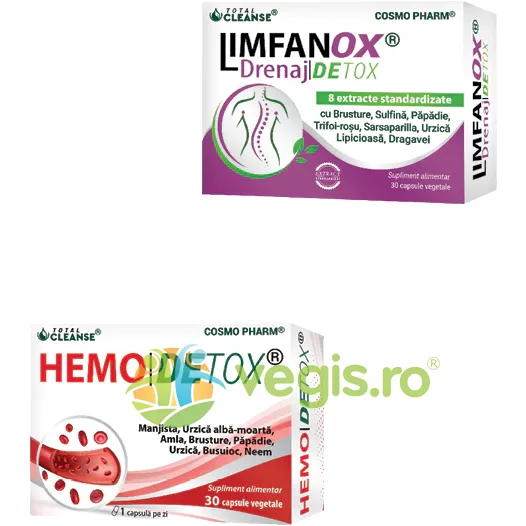 Pachet Hemodetox 30cps vegetale + Limfanox Drenaj Detox 750mg 30cps COSMO PHARM — preț și oferte