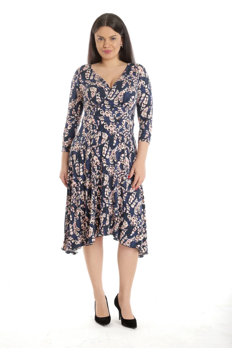 Rochie petrecuta si colturi CP23011 bleumarin floral, Cesy | marimea S CESY INFINITY — preț și oferte