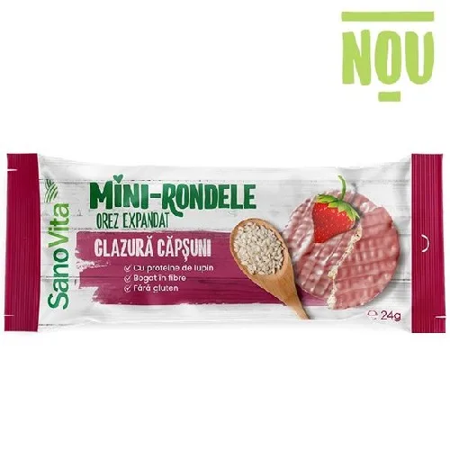 Mini Rondele de Orez cu Glazura de Capsuni, 24g, Sanovita — preț și oferte