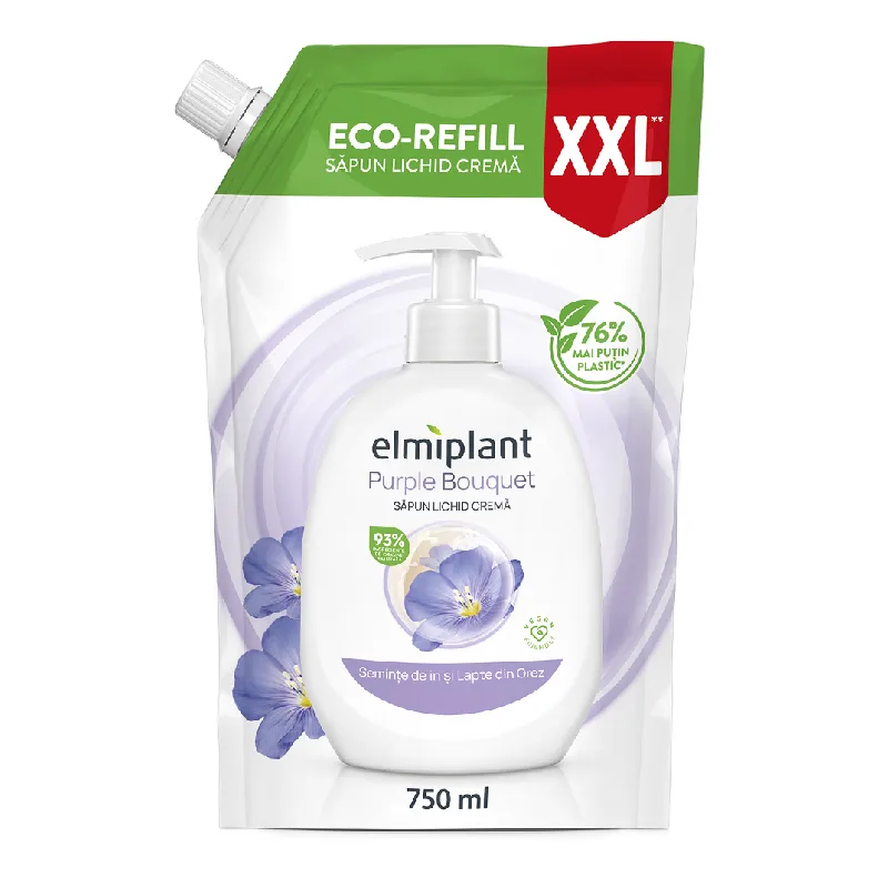 Rezerva sapun lichid cu seminte de in si lapte din orez Purple Bouquet, 750ml, Elmiplant — preț și oferte