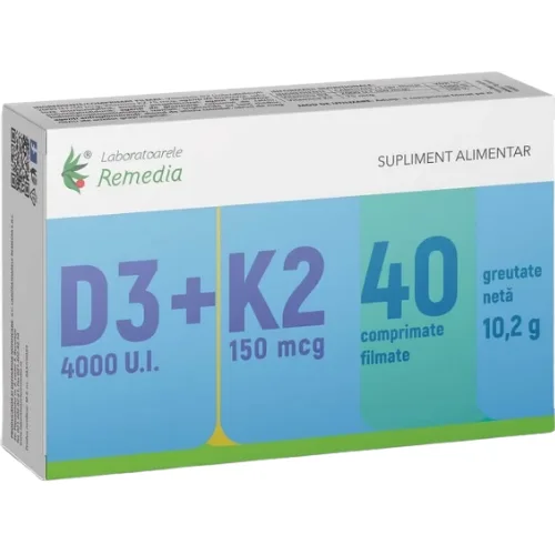 Vitamina D3 4000UI + Vitamina K2 150mcg 40cp Remedia — preț și oferte