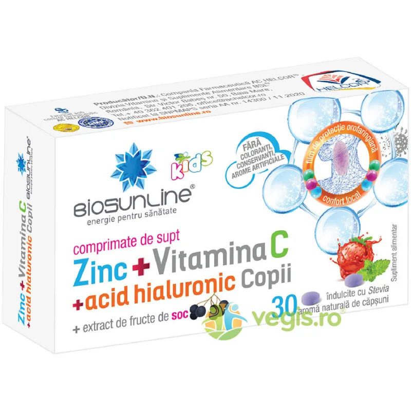Zinc + Vitamina C si Acid Hialuronic pentru Copii 30cpr BIOSUNLINE — preț și oferte