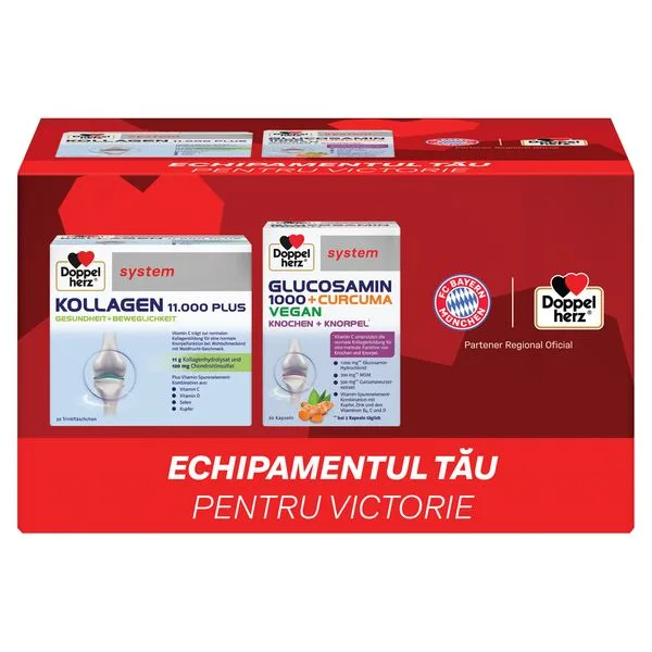 Doppelherz System kollagen 11.000 Plus + Doppelherz System glucozamina 1000 + curcuma vegan, Queisser Pharma | 30 flacoane + 60 comprimate — preț și oferte