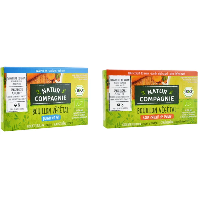 Pachet Cub de Supa cu Legume cu Continut Redus de Sare Ecologic/Bio 8buc (68g) + Cub de Supa cu Legume fara Drojdie Ecologic/Bio 8buc (84g) NATUR COMPAGNIE — preț și oferte