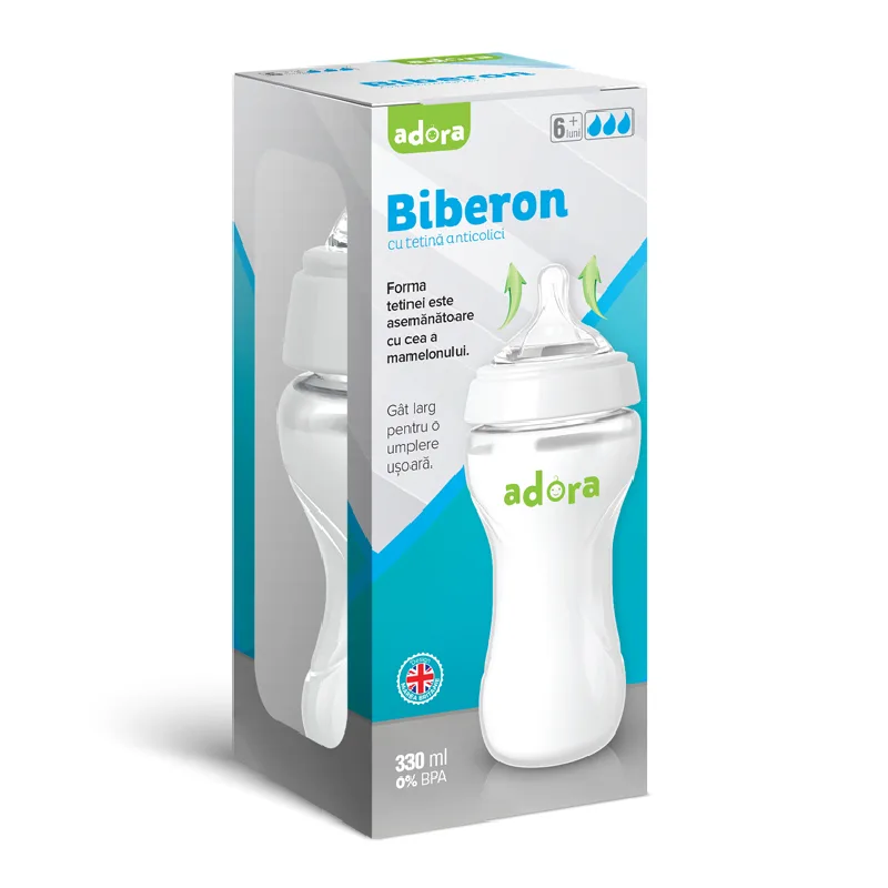 Biberon cu gat larg si tetina anticolici, 6 luni+, 330ml, Adora — preț și oferte