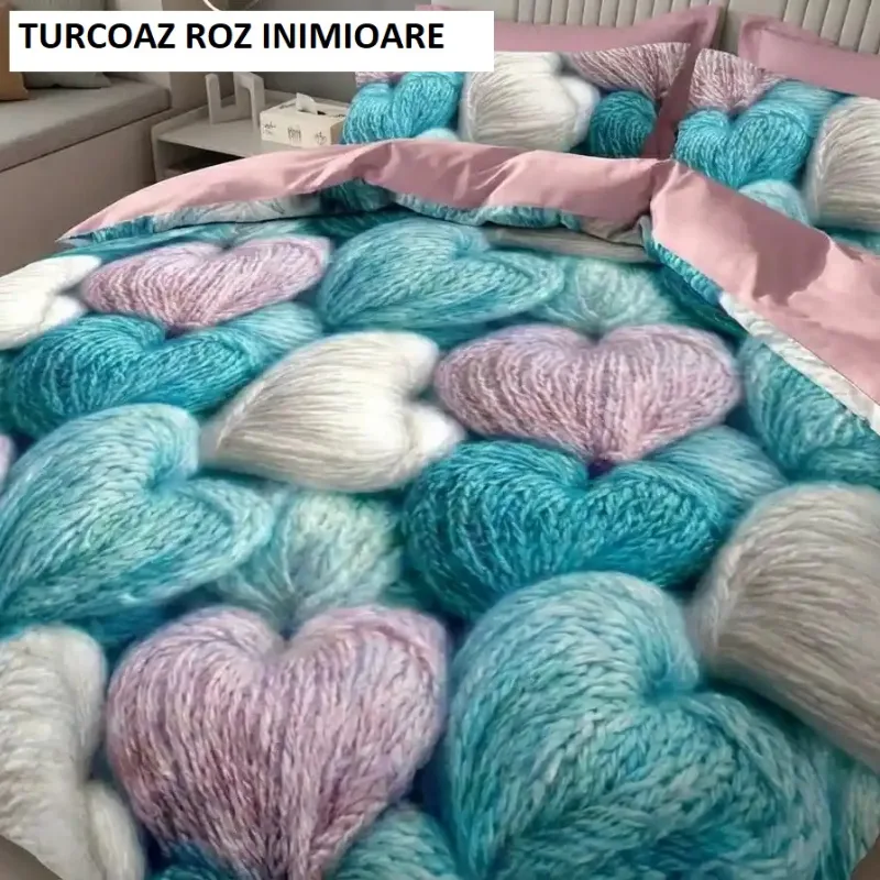 Lenjerie pat cu husa FINET (6 piese) turcoz roz inimioare 180x200 cm, Ralex | 1 buc RALEX INFINITY — preț și oferte