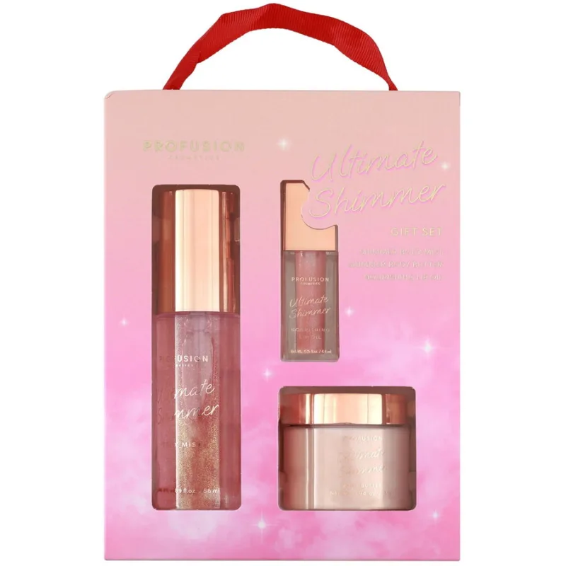 Set Cadou Ultimate Shimmer Spray de Corp Stralucitor 56ml + Unt de Corp 55g + Ulei de Buze Hranitor cu Sclipici 4.4ml PROFUSION COSMETICS — preț și oferte