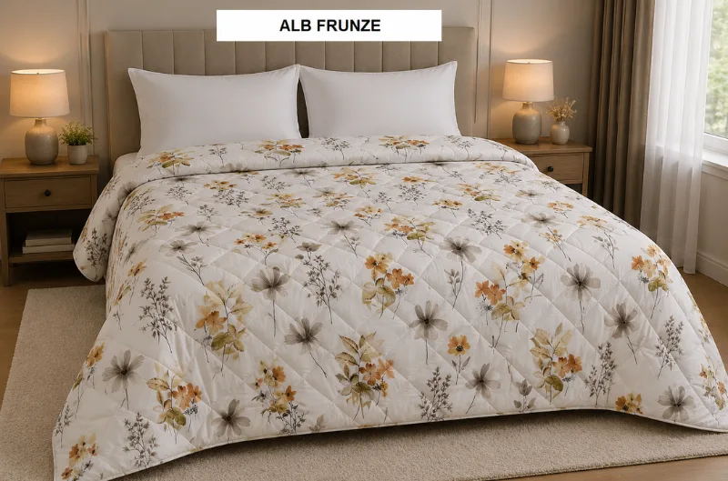 Pilota pat 3D 2 persoane alb frunze 200x215 cm, Ralex | 1 buc RALEX INFINITY — preț și oferte