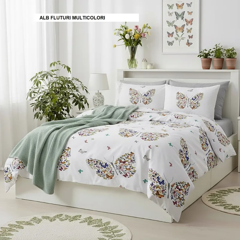 Lenjerie de pat policoton ELVO alb fluturi multicolori 230x250 cm, Ralex | 1 buc RALEX INFINITY — preț și oferte