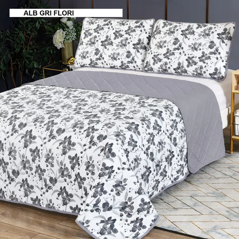 Set cuvertura + 2 fete de perna ELEGANCE alb gri flori 230x240 cm, Ralex | 1 buc RALEX INFINITY — preț și oferte