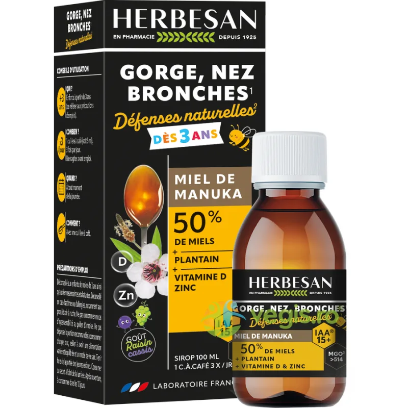 Sirop pentru Gat si Bronhii pentru Copii cu Miere de Manuka IAA15+ (MGO 514) 100ml HERBESAN — preț și oferte